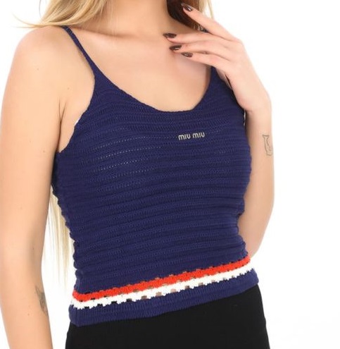 MIU MIU Navy Blue Knit Camisole Top – Striped Hem & Logo